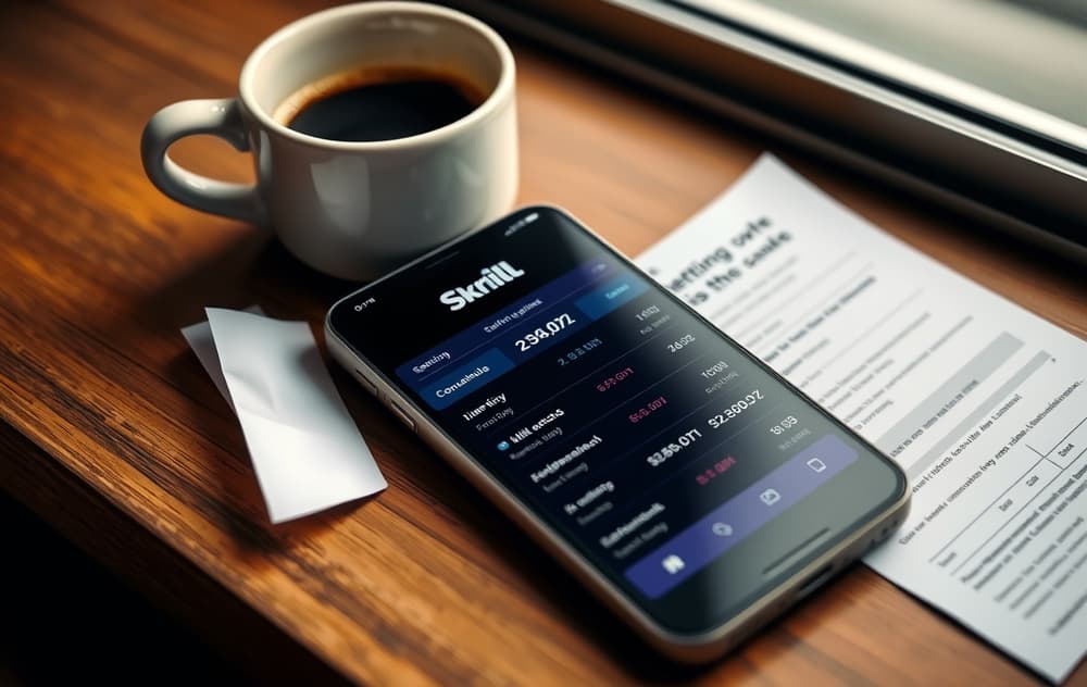 Smartphone med Skrill-app og odds, ved siden av kaffekopp og oddskupong.