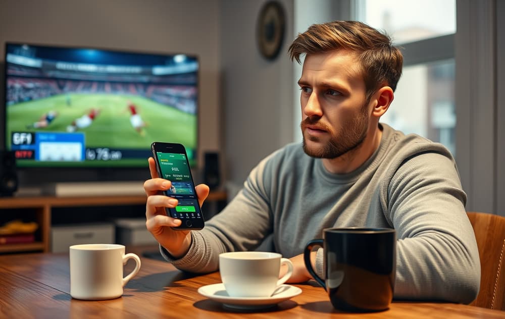 Norsk mann som vurderer et gratisspilltilbud på mobilen med fotballkamp på TV i bakgrunnen.