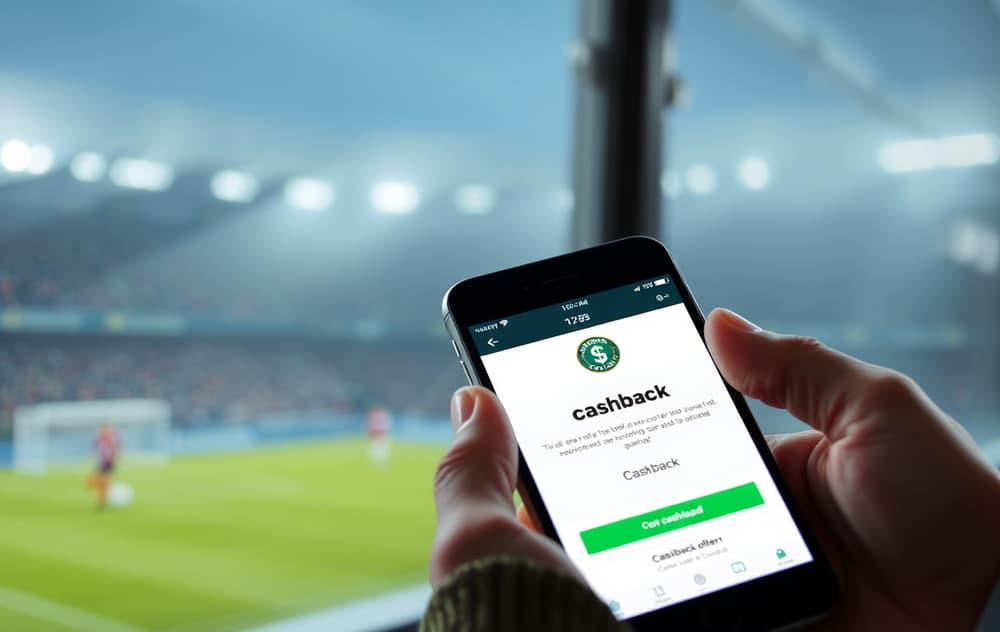 Norsk spiller sjekker odds cashback-tilbud på mobiltelefon med fotballkamp i bakgrunnen