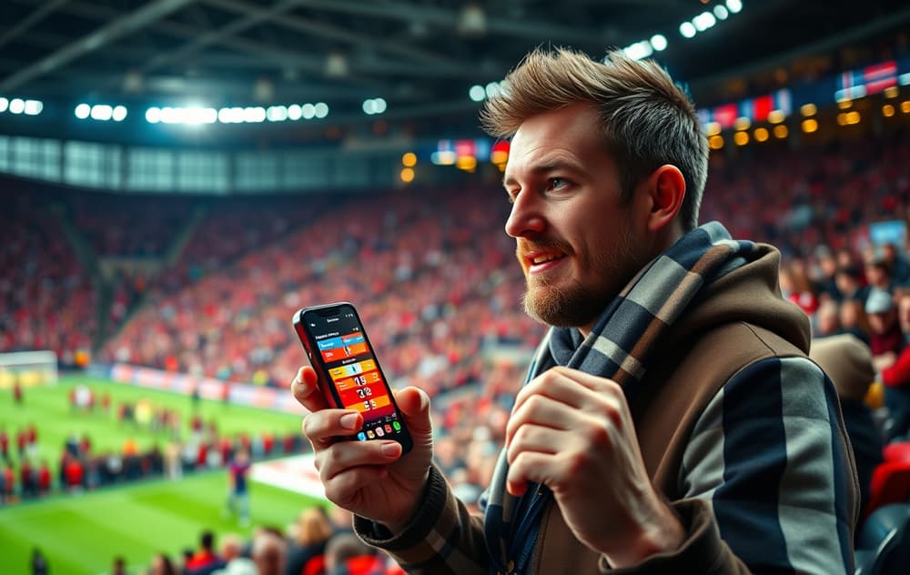 Norsk fotballfan ser på mobil med oddsboost på skjermen på stadion.