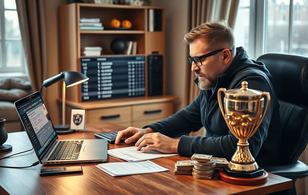 Bettingspiller som analyserer odds på PC med premiepokal og kontanter i bakgrunnen