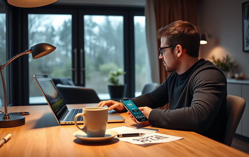 Person som ser på bettingodds på en laptop i et norsk hjem.