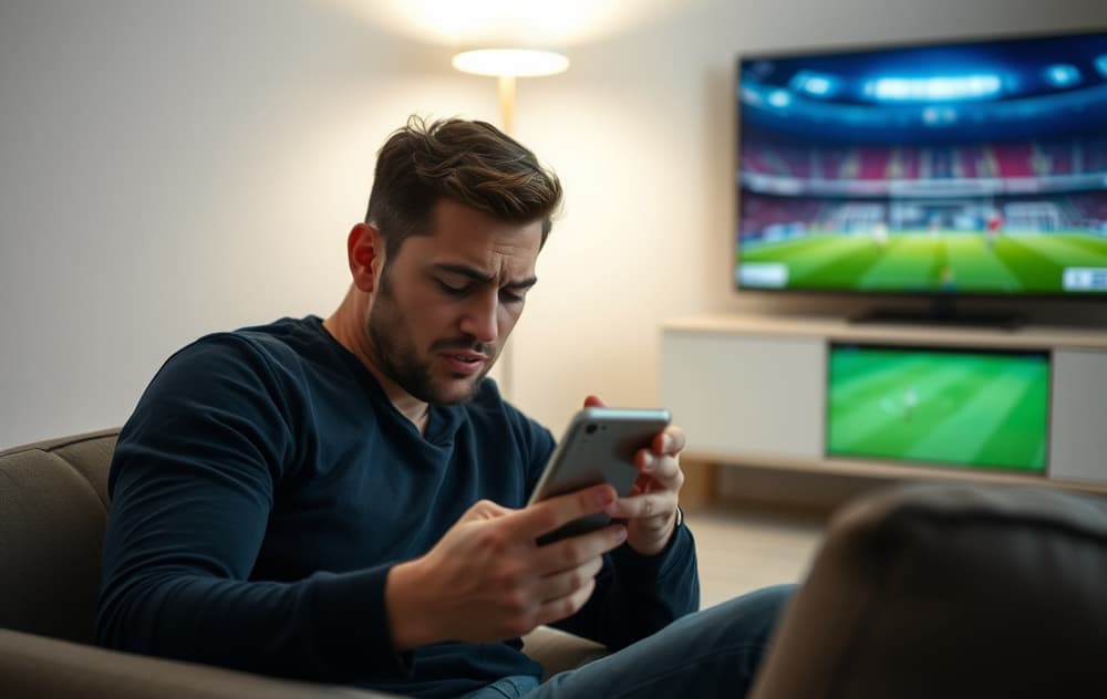 Frustrert person som ser på mobilen etter å ha tapt et spill på fotball