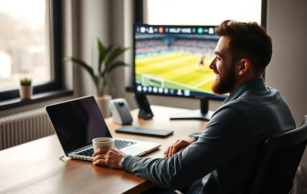 Fornøyd person ved pc-en som sammenligner odds på flere bettingsider