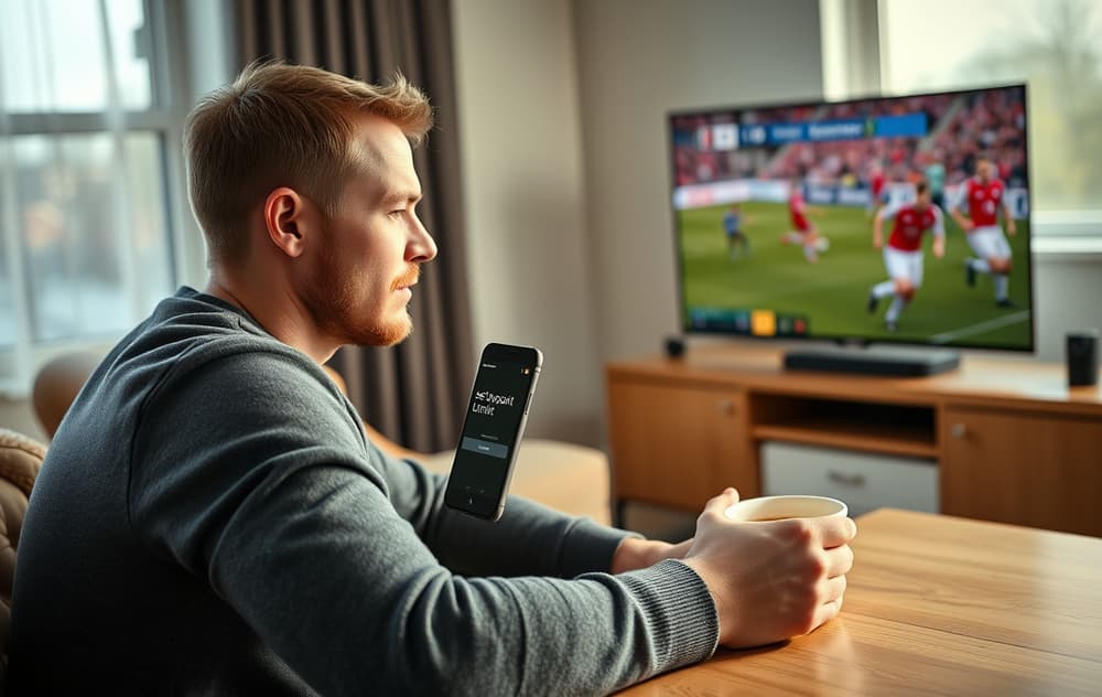 Norsk mann som ser på fotball og sjekker innskuddsgrense i betting-app, ansvarlig spilling
