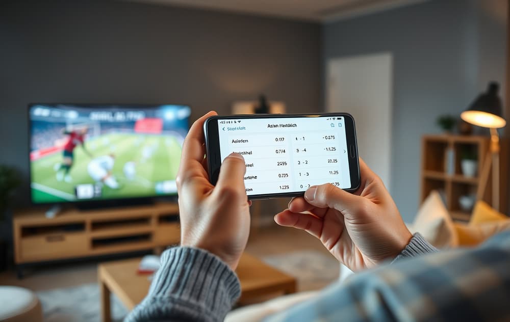Norsk spiller som holder telefon med Asian handicap-odds for en fotballkamp.