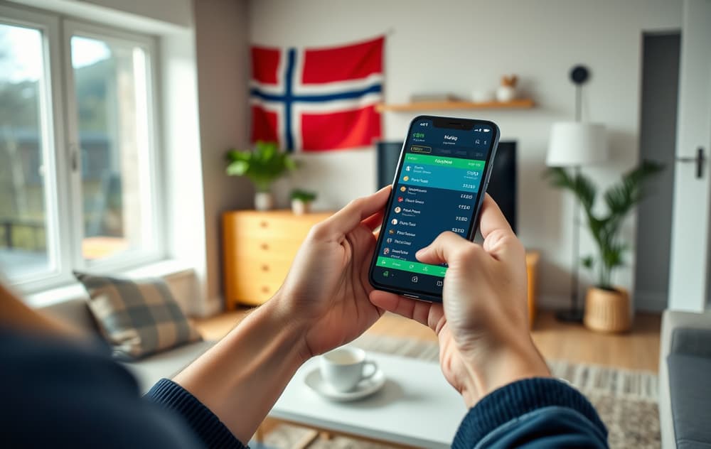 Person i norsk stue som tippe på fotball via mobilen