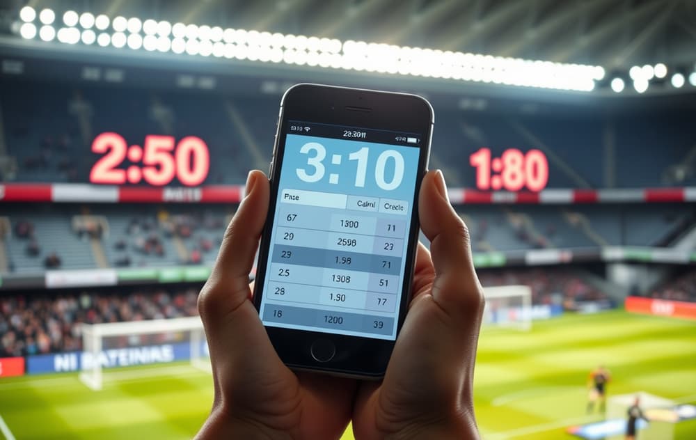 Fotballstadion med oddstall på resultattavle og en person med mobil med bettingskjerm