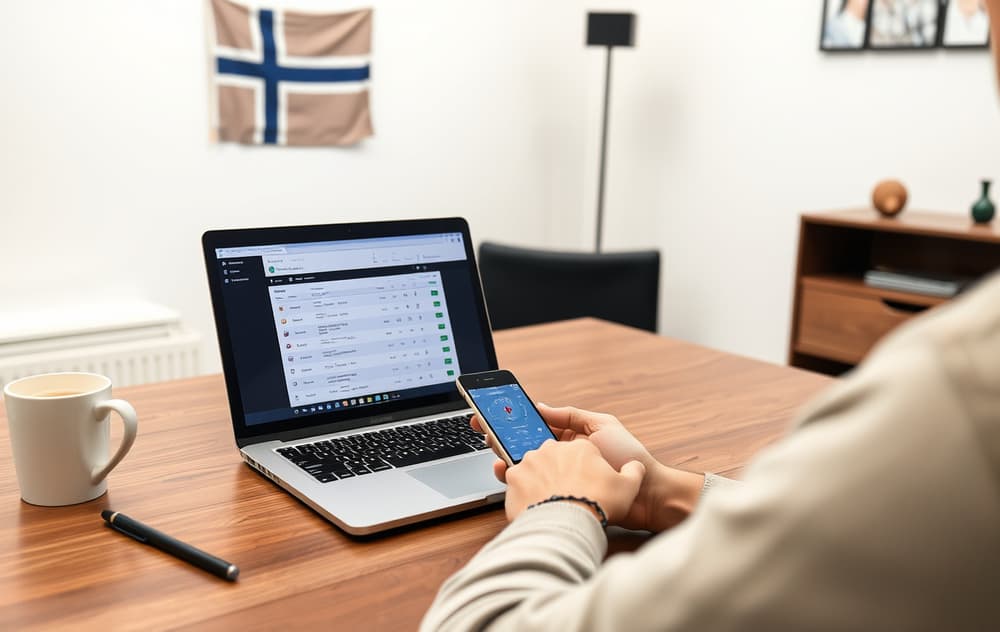 Person som sammenligner odds på en bettingside på laptop og mobil i et moderne kontor, med norsk flagg på veggen.