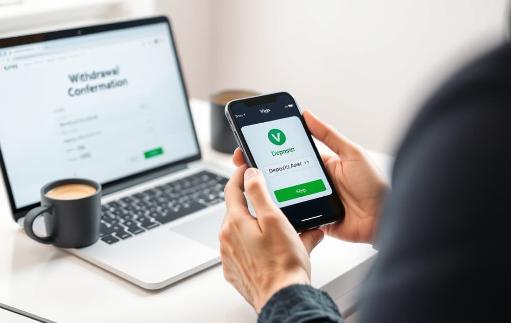 Norsk spiller som setter inn penger via Vipps på en bookmaker-app, samtidig som uttak bekreftes på en dataskjerm.