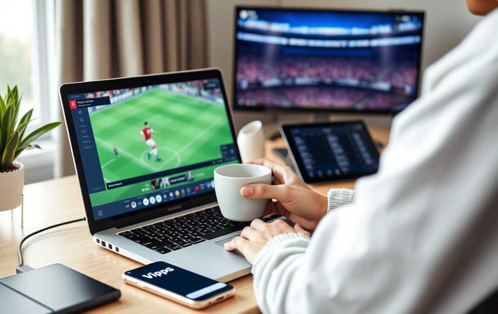 En person som sitter ved en bærbar PC med en kopp kaffe, følger en fotballkamp på en ekstra skjerm og har en nettbrett med odds. Vipps-logo synlig på mobilen.