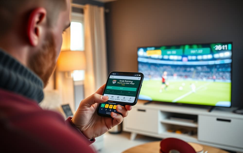 Norsk fotballfan bygger odds på mobilen med kamp på TV i bakgrunnen
