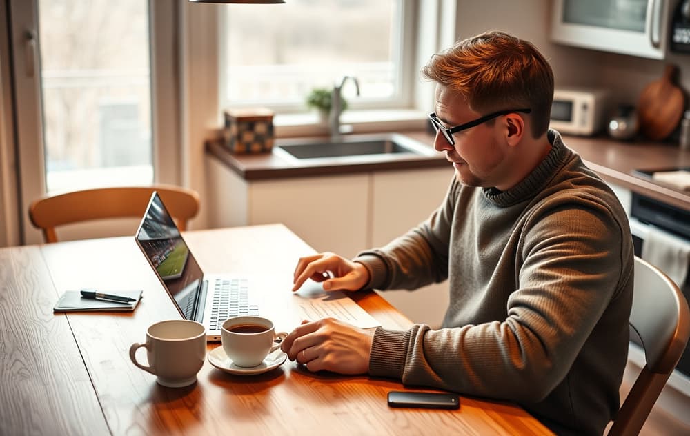 Norsk spiller som sjekker odds på pc og skattemelding på bordet