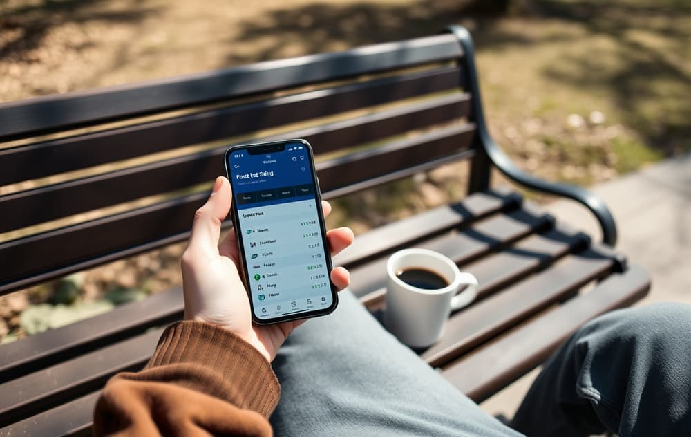 Person som tipper på fotball via mobilen på en benk utendørs