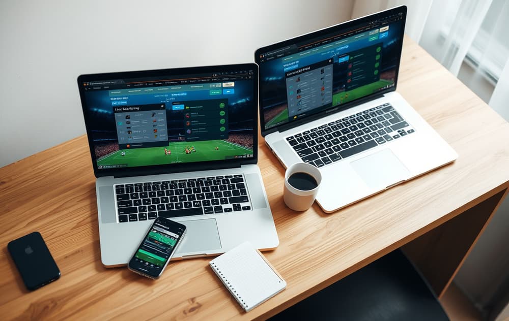 Smarttelefon og laptop med live-betting for fotball på et skrivebord