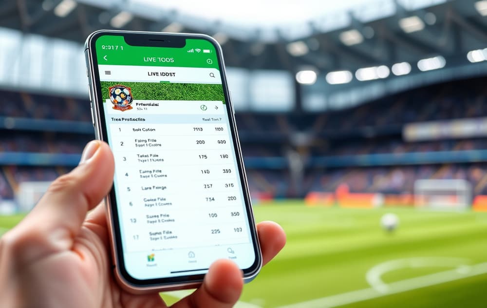 Mobil med live odds for fotballkamp, oppdateres i sanntid, med stadion i bakgrunnen.