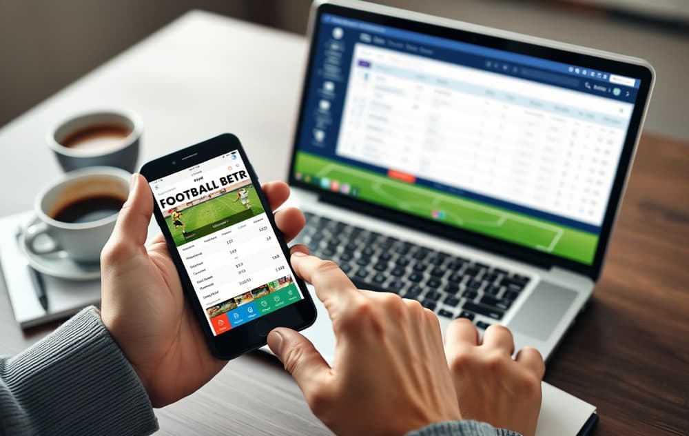 Person som sammenligner odds på mobil og PC med kaffekopp og notatblokk