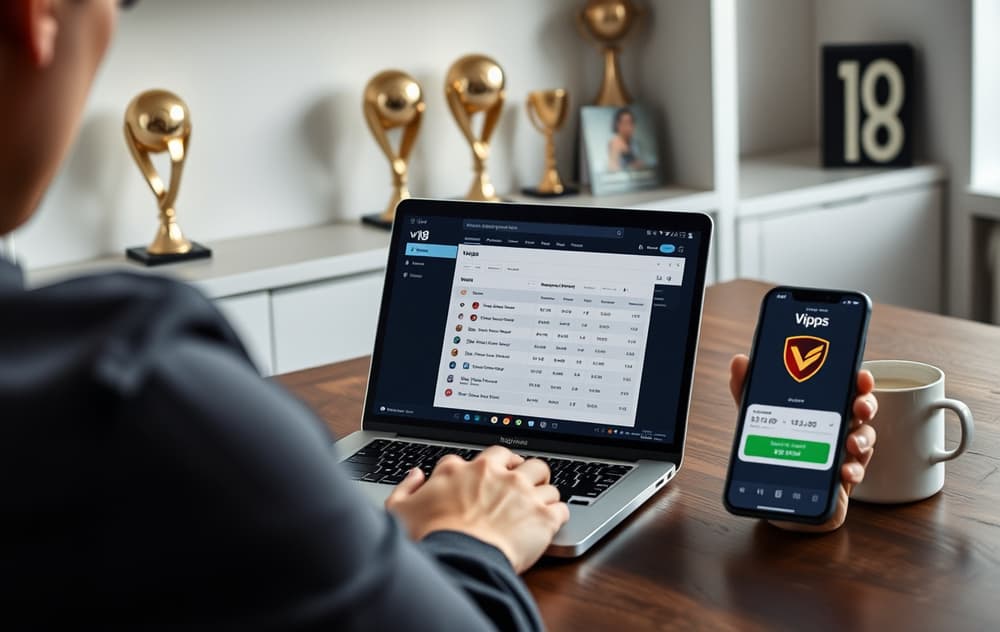Person som sammenligner bettingsider på laptop med Vipps på mobilen og fotballtroféer i bakgrunnen.