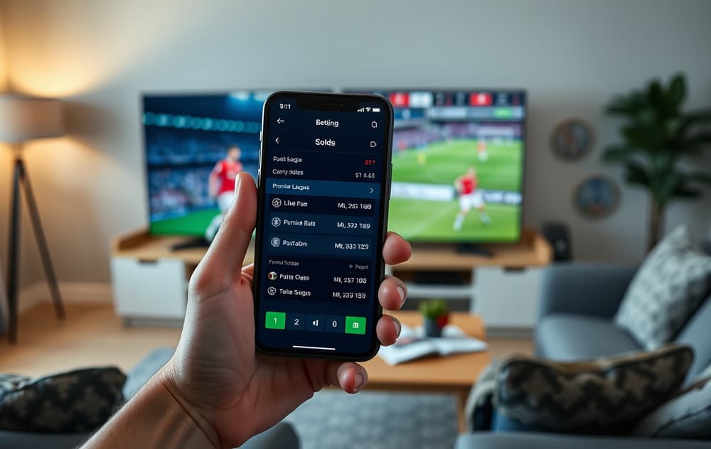 Person med mobiltelefon som viser fotball odds på en bettingside, med fotballkamp på TV i bakgrunnen.