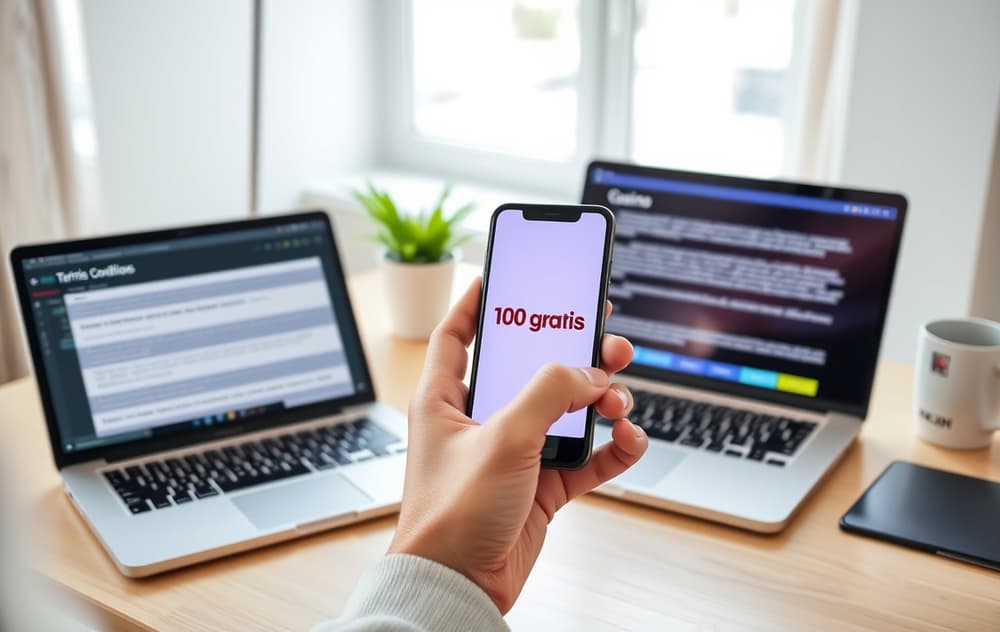 En person sitter ved et skrivebord med en mobiltelefon som viser en gratis casino-bonus på 100 kr, med en laptop og kaffekopp i bakgrunnen.