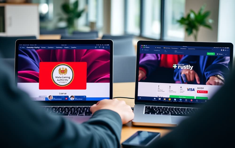 Person som sammenligner casinoer på to skjermer med lisens- og betalingslogoer.