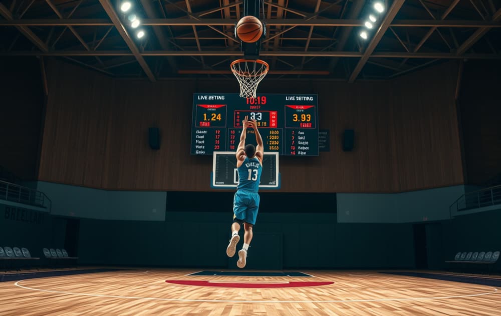 Basketballspiller i aksjon med odds og live betting-informasjon i bakgrunnen