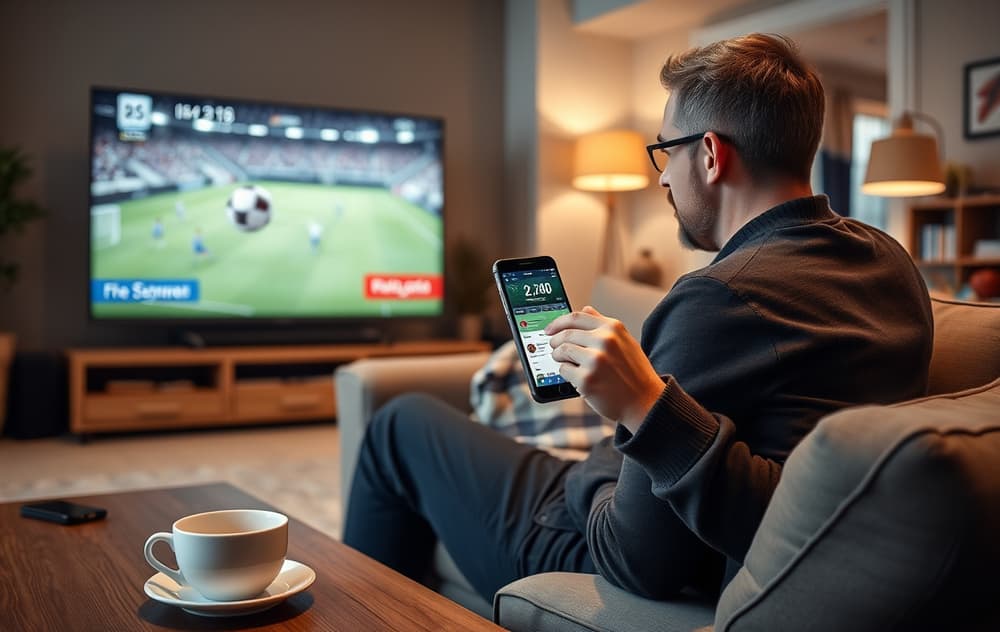 Norsk mann tipper på fotball via mobil mens han ser på kamp på TV