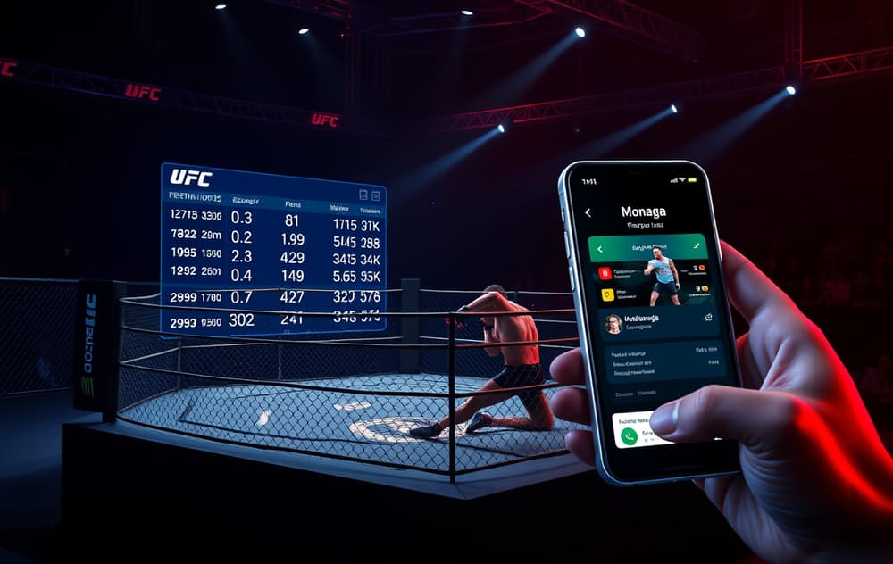 UFC-oktogon med bettingodds-overlay og norsk mobil med spillside