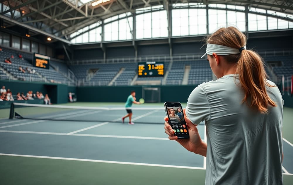 Tenniskamp på grus med odds-app på mobil